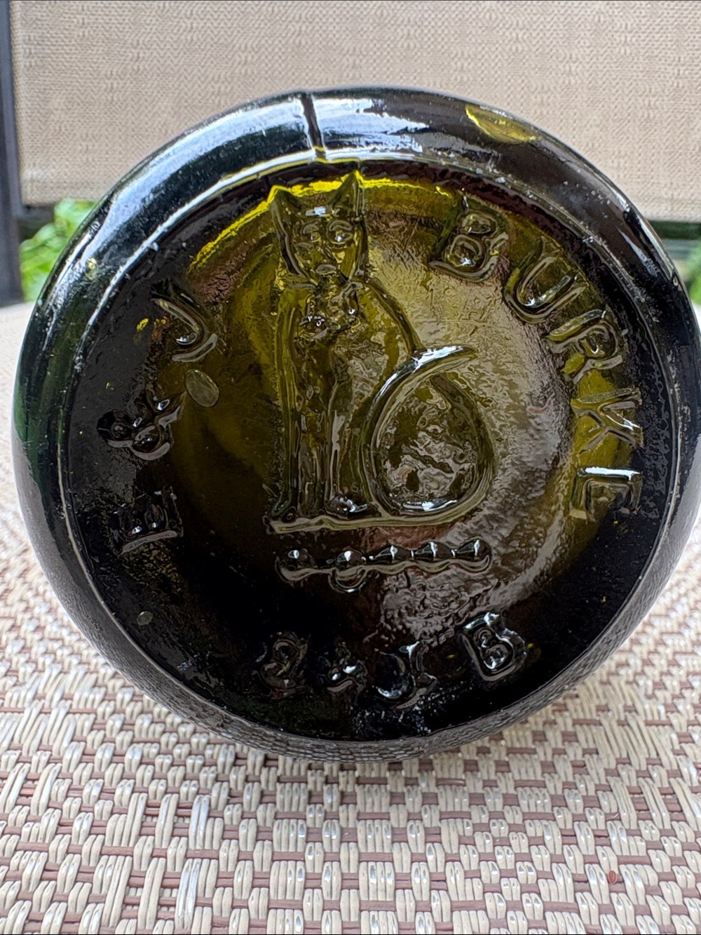 Vintage 19th Century E & J Burke Olive Green Embossed Glass Cat Vase